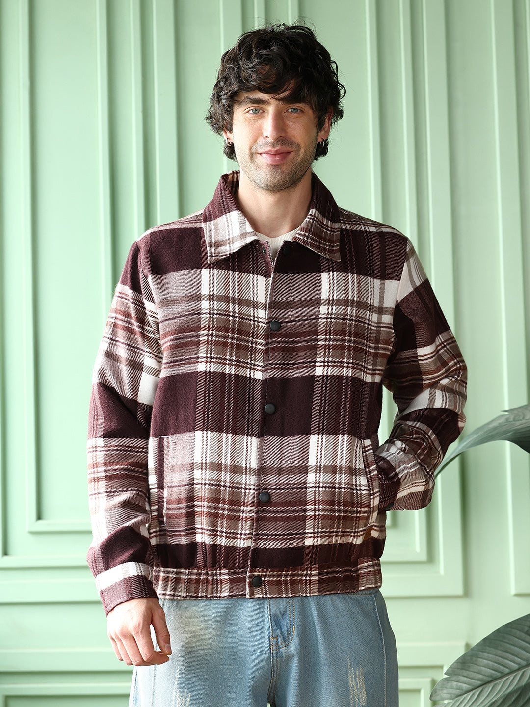 Brushed-Plaid Bomber Jacket