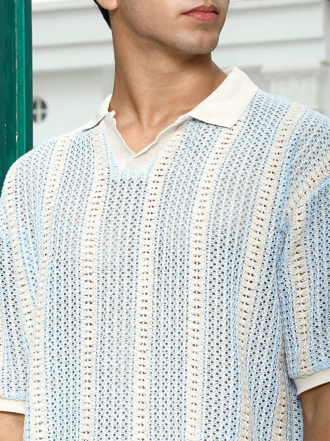 Striped Crochet Polo T-Shirt