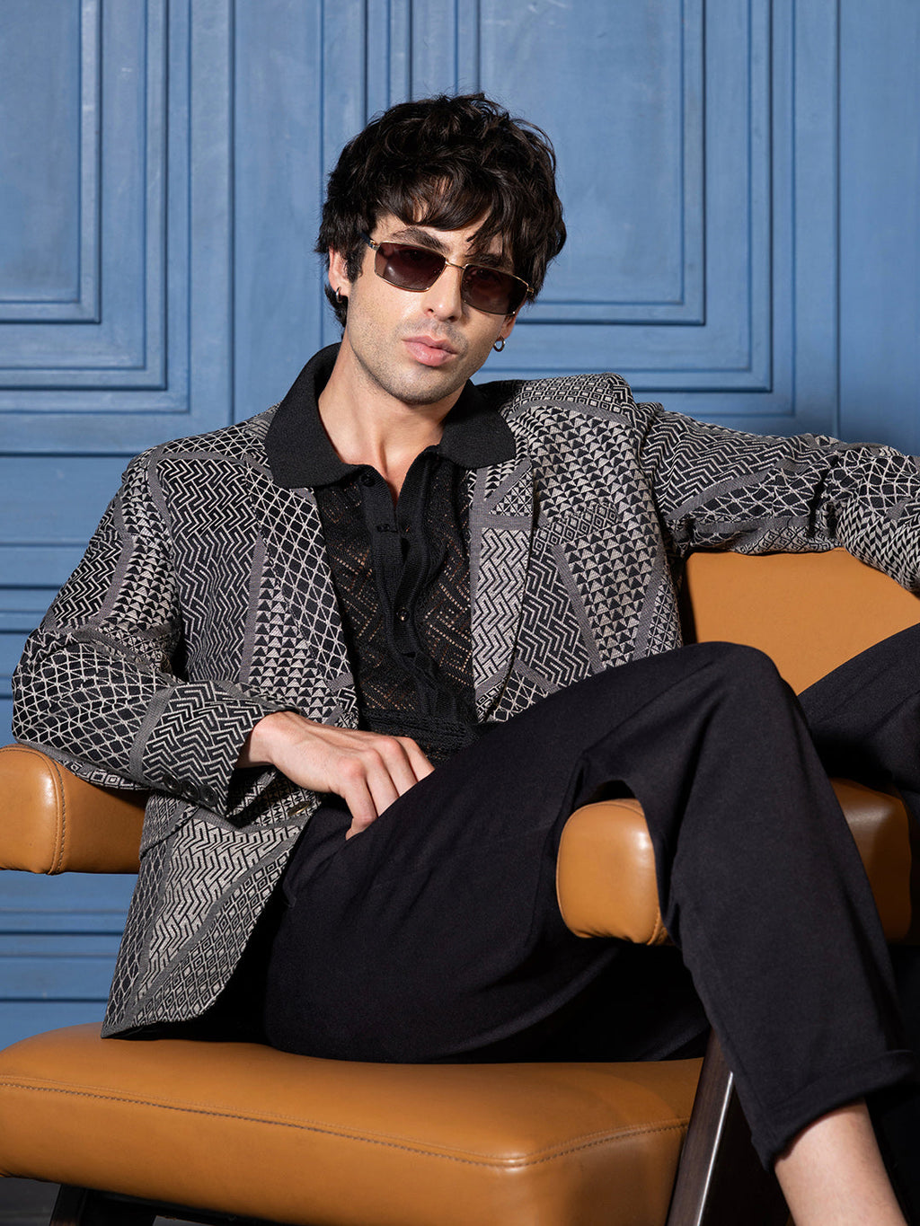 Tailored Geometric-Block Jacquard Blazer